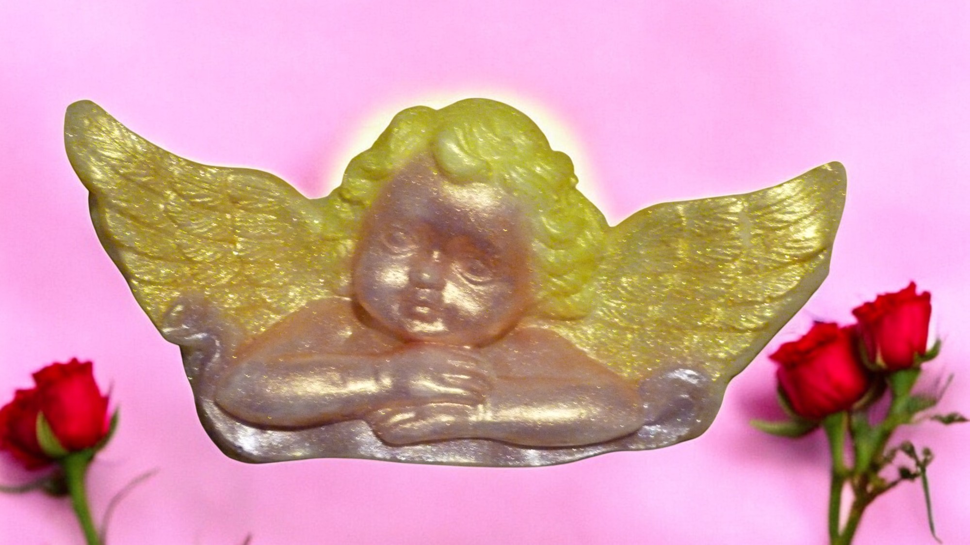 Engel met de Hoofd op de Armen Plat Zeepje met Mica (image for) Engel met de Hoofd op de Armen Plat Zeepje met Mica